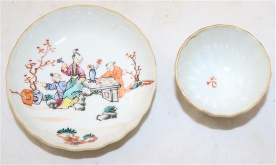 A group of Chinese export polychrome porcelain teabowls, four saucers and a cup, Qianlong period, the cup 8.6cm diameter